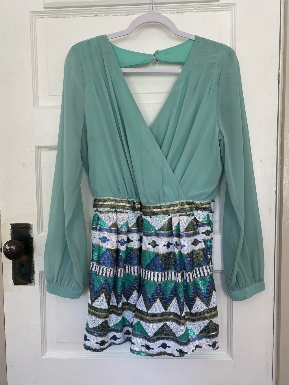Aqua Long-Sleeve Sequined Romper